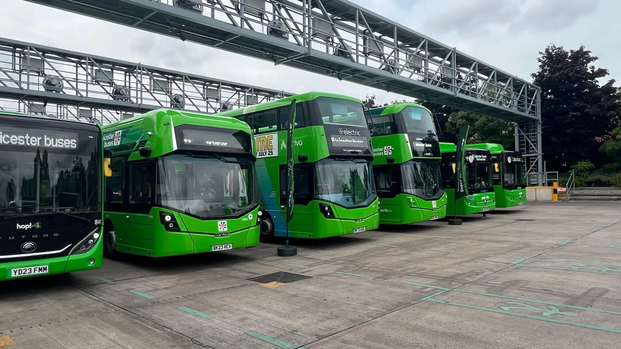 Green buses parked at a bus station