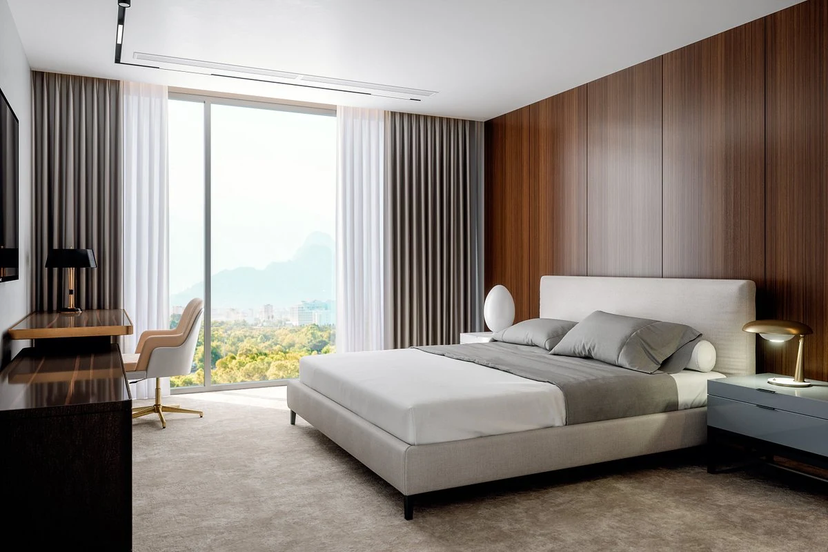 Modern hotel room with a mountain view